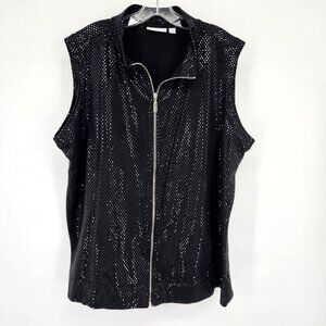 Susan Graver Shirt Vest Womens 1X Black Silver Zip Front Sleeveless Bling Dot